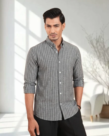 Modern Fit Grey Vertical Line Button-Down Shirt